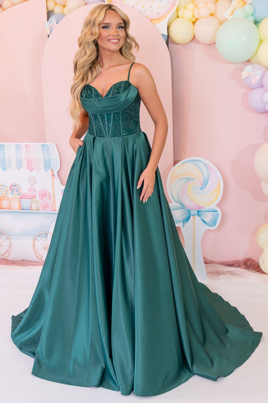 Prom Frocks PF1105 Dark Green Satin Prom Dress - Dotique