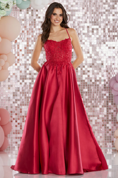 Tiffanys Prom Aaden Cherry Red Lace Back Prom Ballgown - Dotique